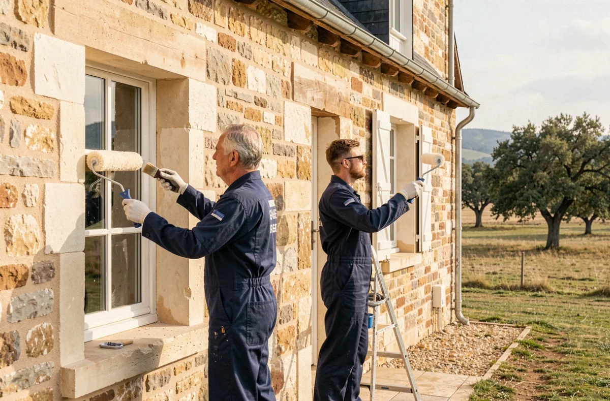 Deux peintres d'une entreprise familiale rénovant la façade d'une ferme en pierre en Haute-Garonne pour 2GSP Deuxième Génération Sauvage Peinture