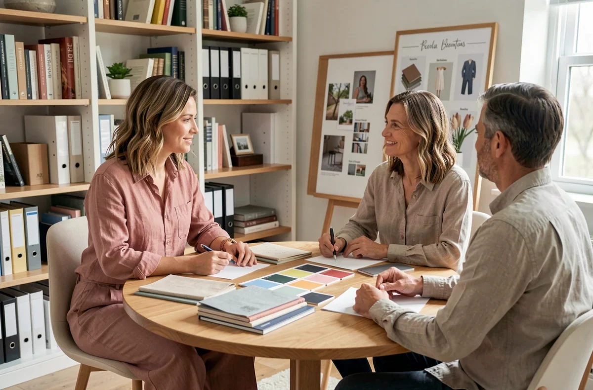 Décoratrice d'intérieur conseillant un couple autour d'échantillons de tissu et de nuanciers dans une salle de consultation lumineuse