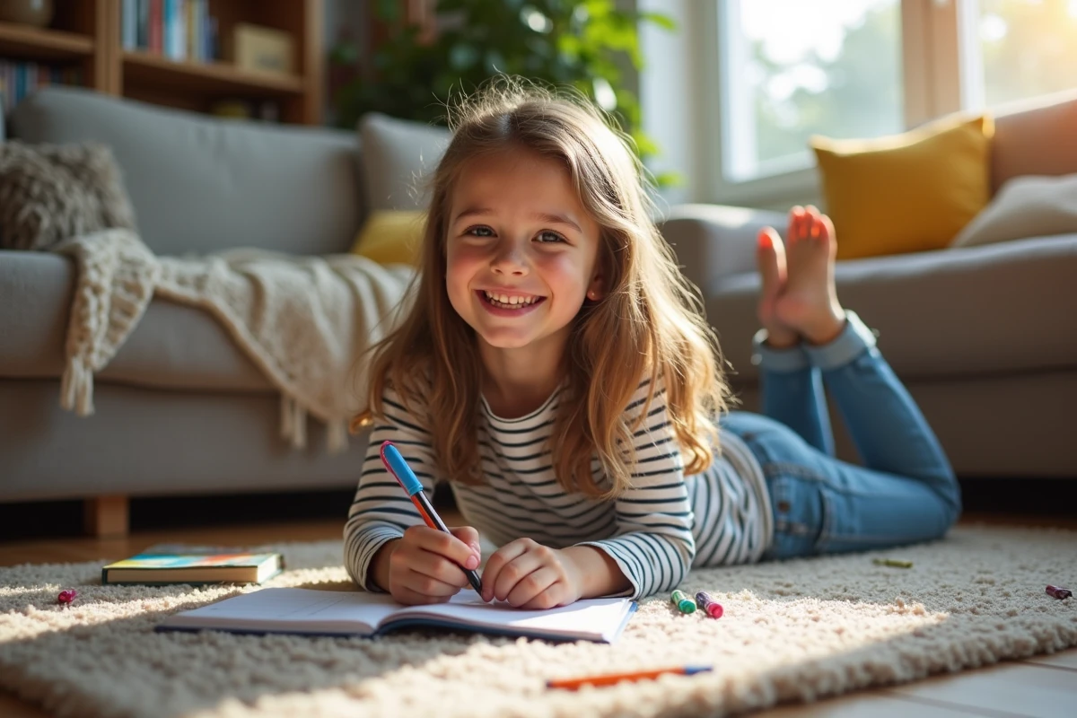 Adolescente souriante remplissant un planner dans le salon