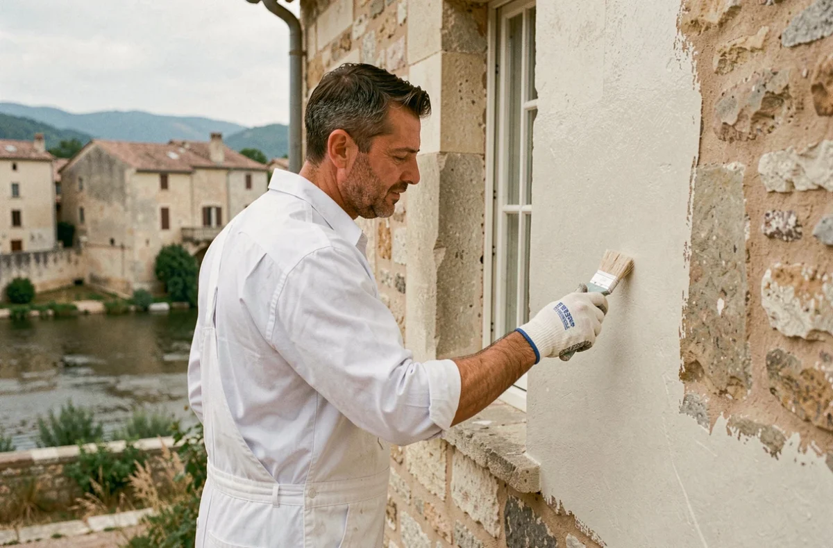 Peintre en bâtiment appliquant de la peinture sur une façade en pierre à Beaucaire dans le Gard pour AG Peinture