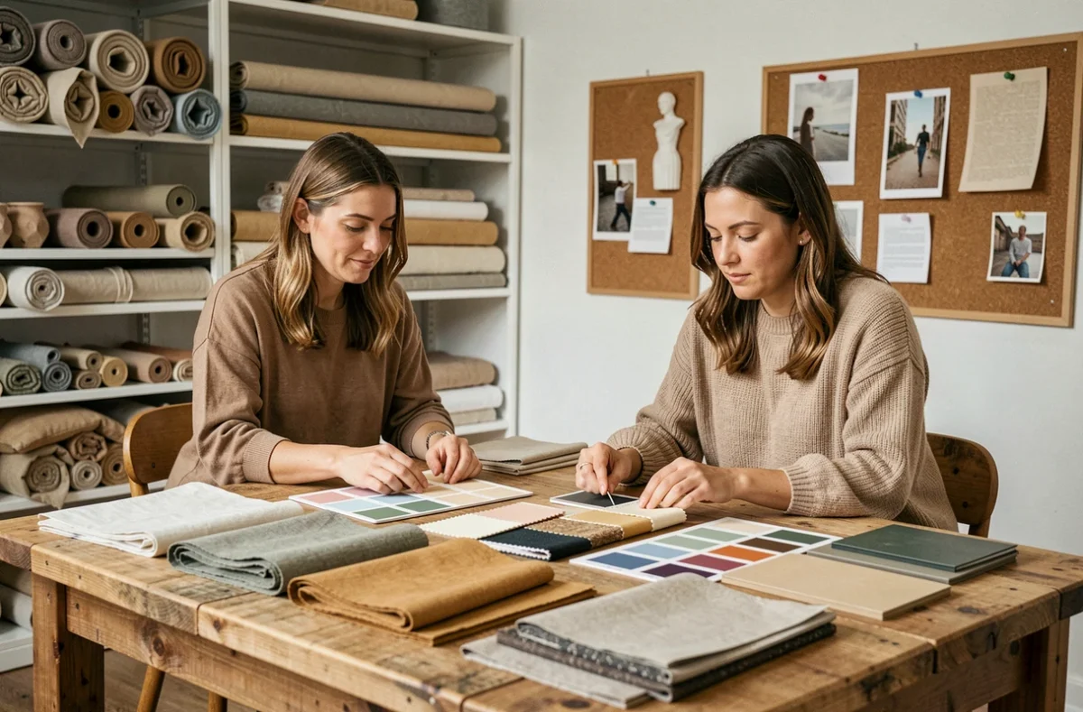 Deux décoratrices d'une agence lilloise étudiant des échantillons de matières naturelles et durables dans leur studio de création