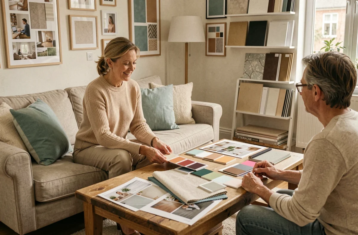 Consultation de conseil en décoration chez Ambiance Déco avec échantillons de couleurs, tissus et visuels de projets d'intérieur