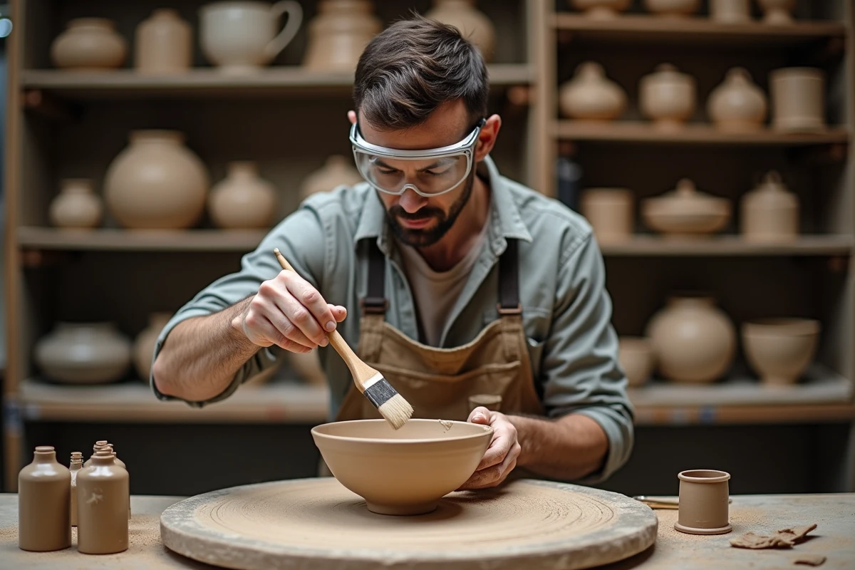 Céramiste appliquant un émail raku sur un bol en céramique non cuit dans un atelier de poterie avec des outils et des émaux artisanaux