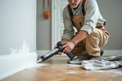 Homme appliquant un joint acrylique blanc le long d'une plinthe dans une pièce rénovée avec pistolet à mastic