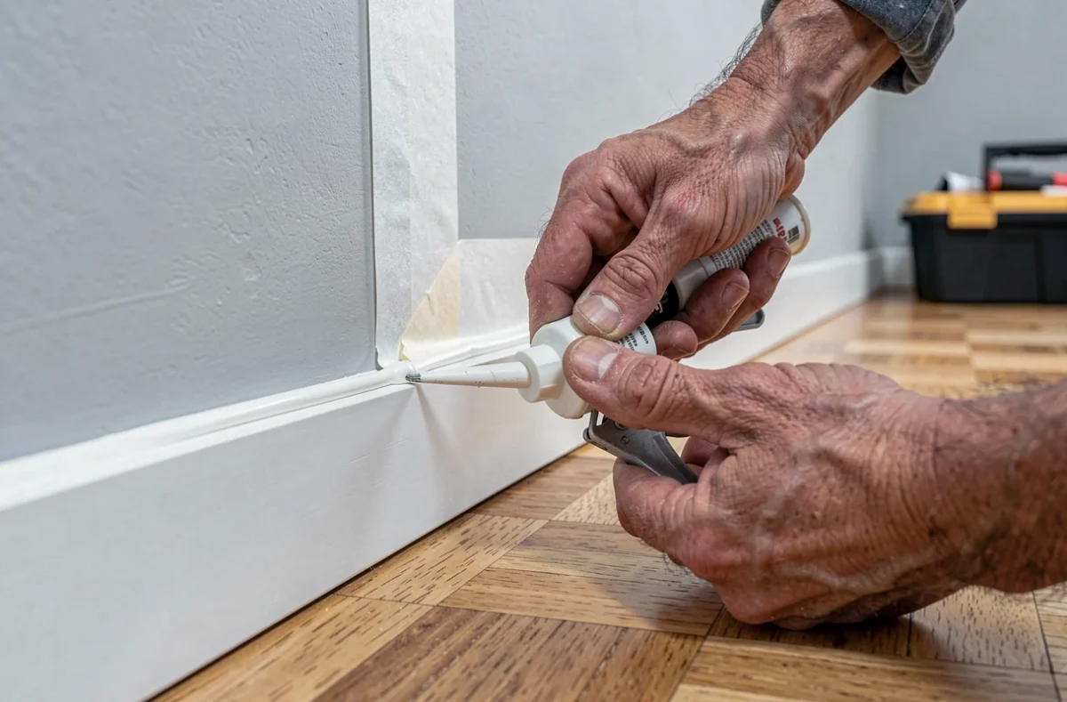 Application de mastic acrylique blanc sur le joint entre une plinthe et un mur pour masquer les défauts de finition