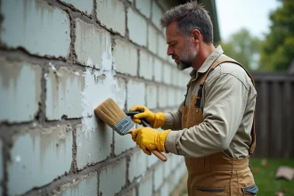 Homme appliquant un primaire d'accrochage sur un mur en parpaing extérieur humide et taché d'efflorescence
