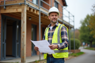 Architecte homme vérifiant plans sur chantier maison