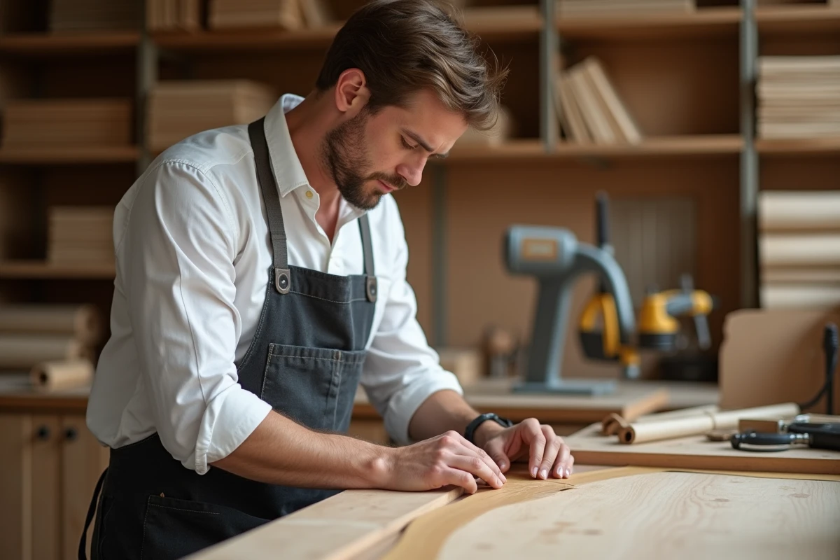Artisan applique un placage bois sur meuble contemporain