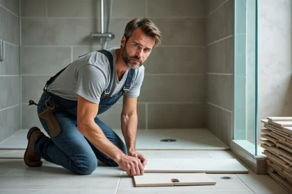 Homme moyenâgeux pose des carreaux dans une douche moderne
