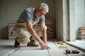 Artisan carreleur inspectant un joint irrégulier sur un sol de salle de bain en rénovation, illustrant les erreurs courantes de pose