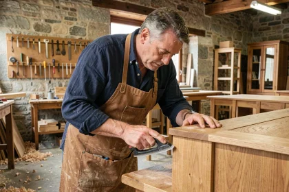 Artisan ébéniste français travaillant sur un meuble en bois massif sur mesure dans son atelier traditionnel