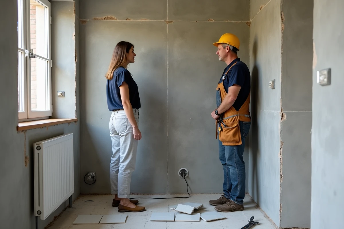 Propriétaire et artisan local discutant d'un projet de rénovation de salle de bain en Belgique