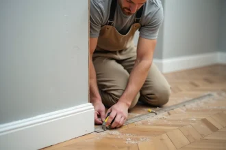 Artisan mesurant une plinthe en MDF blanc contre le sol en parquet pour une coupe précise sans jeu
