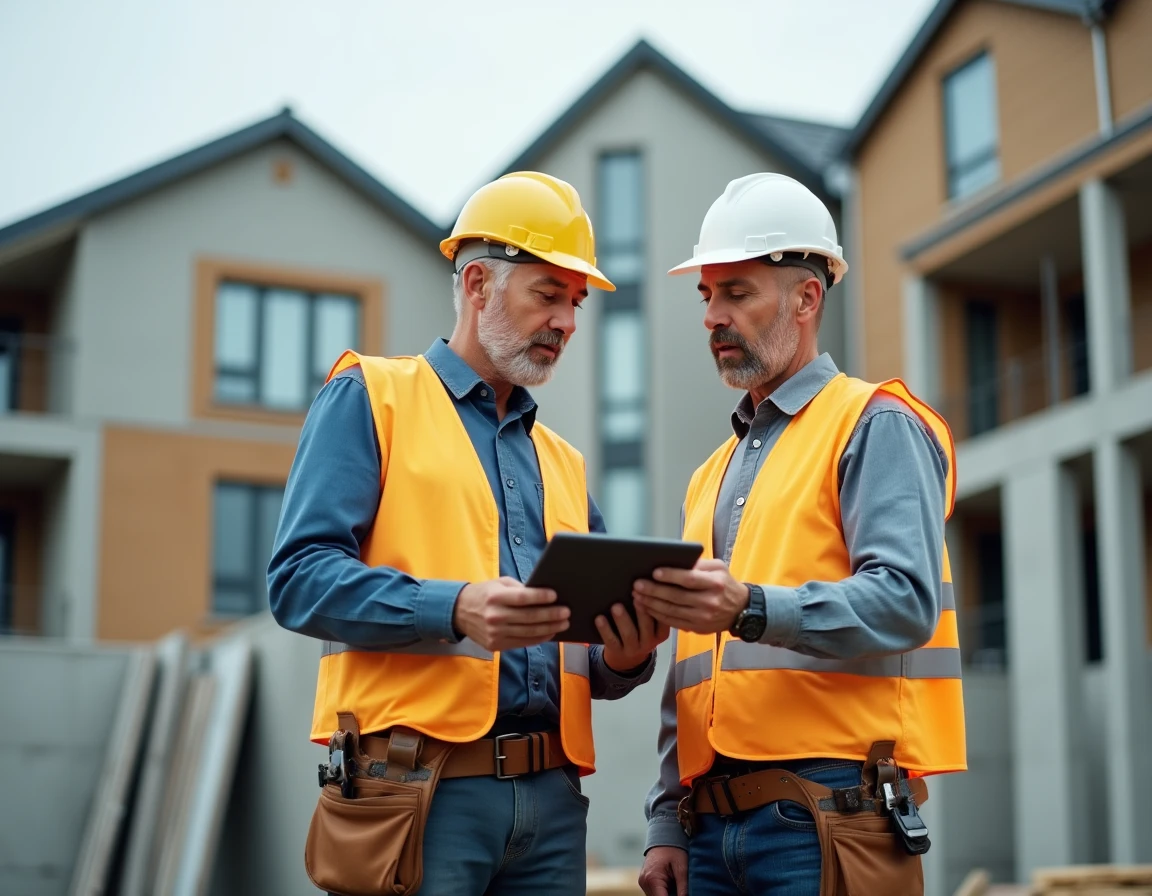 Deux artisans du bâtiment consultant les prix de matériaux TravauxSuccess sur tablette numérique sur un chantier en 2026