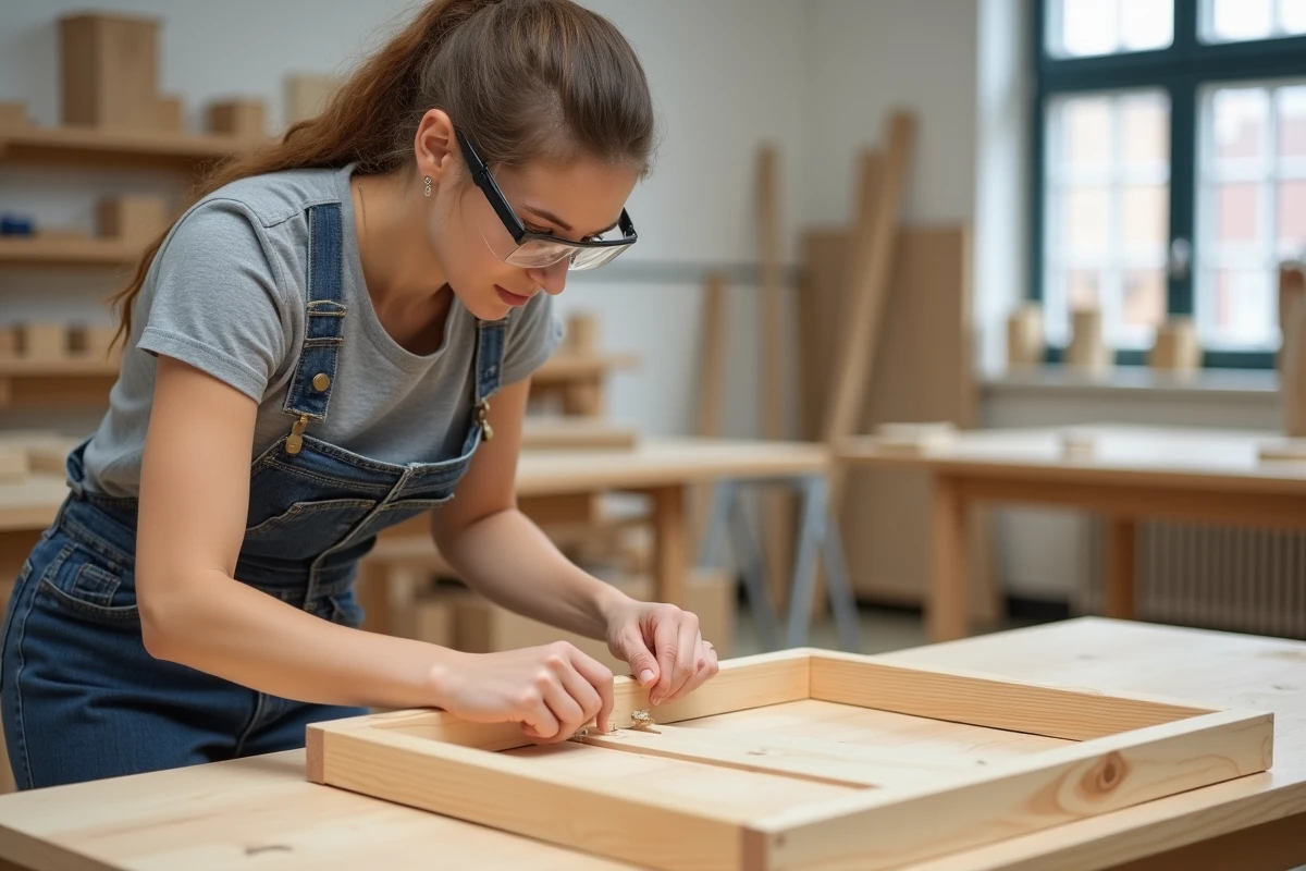 Jeune femme assemblant un tenon et une mortaise en bois de pin dans une école de menuiserie moderne