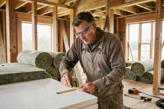 Homme mesurant des panneaux d'isolation dans une maison en autoconstruction à ossature bois, erreurs de mise en œuvre Effi 65