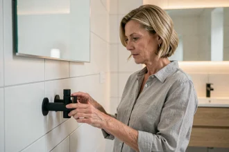 Femme examinant un robinet Hudson Reed matte noir dans une salle de bain moderne au design épuré