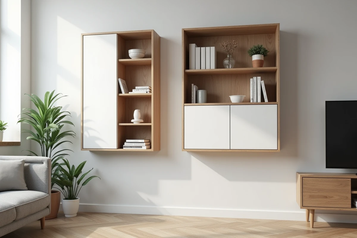 Deux bibliothèques murales côte à côte dans un salon scandinave, l'une en pin massif verni et l'autre en mélaminé blanc, mettant en valeur les différences esthétiques des matériaux