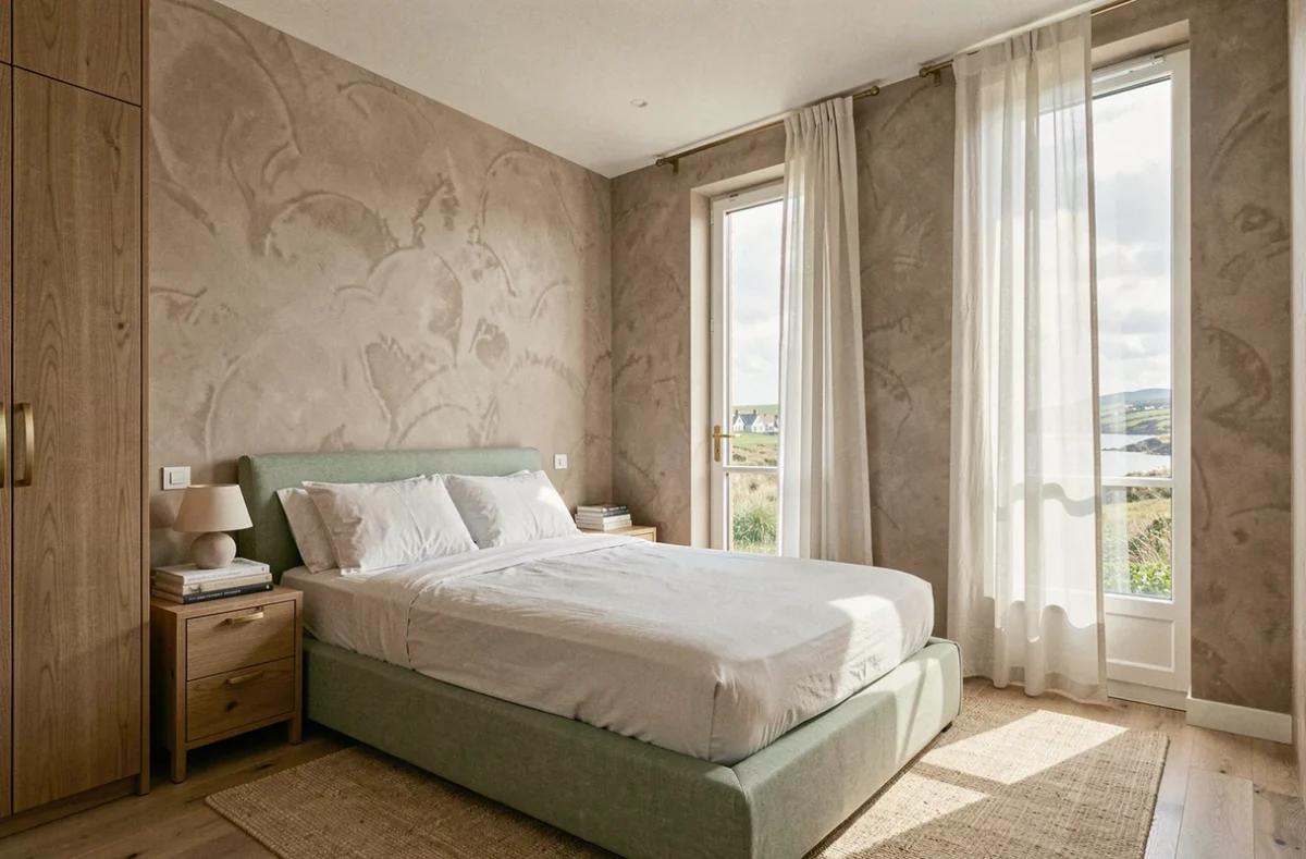 Chambre à coucher contemporaine aménagée par BL Intérieur dans un appartement breton avec lit en lin sauge, armoire en bois sur mesure et mur en plâtre texturé