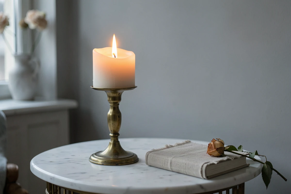Bougie fausse flamme pilier en laiton antique sur marbre blanc dans un appartement parisien raffiné