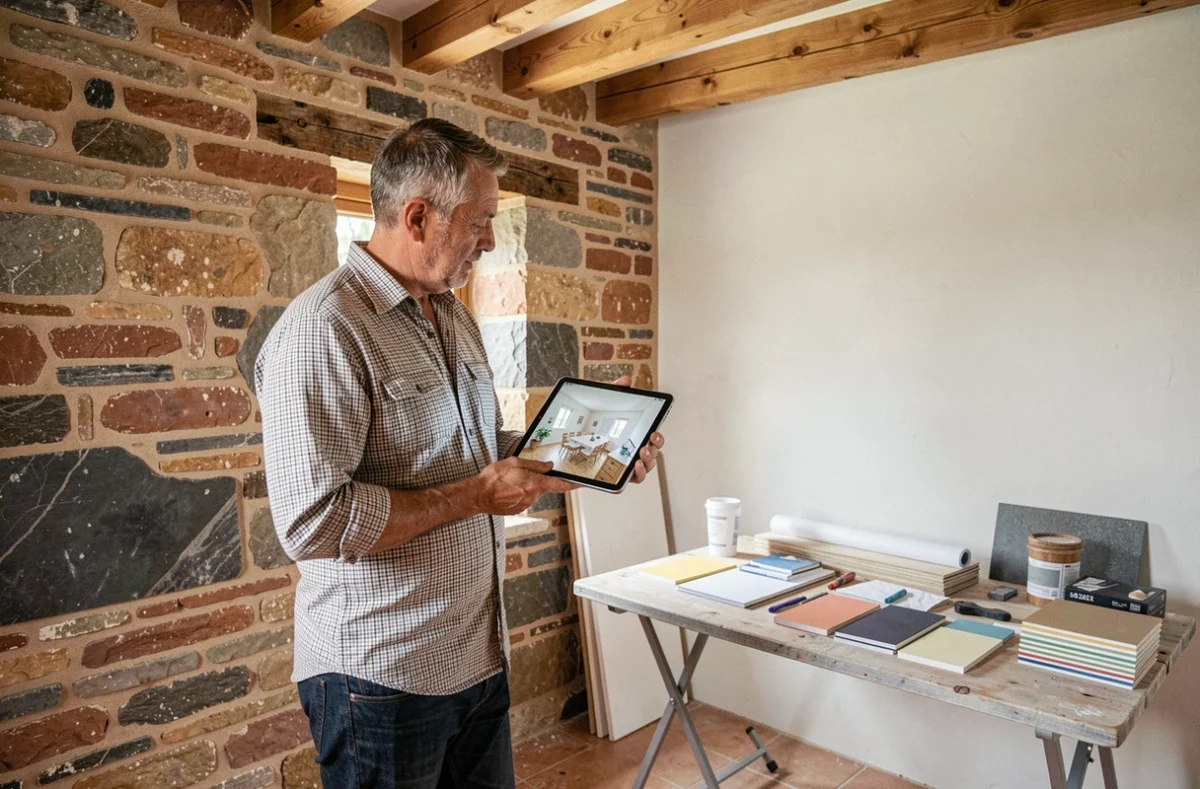 Architecte Boulch Jean Luc inspectant une ferme bretonne en rénovation avec tablette et échantillons de matériaux