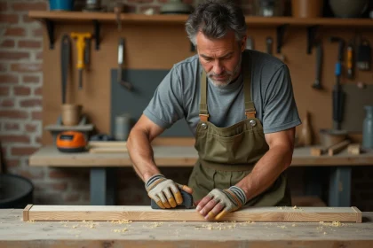 Homme bricoleur mesurant une planche en bois dans un atelier maison bien équipé
