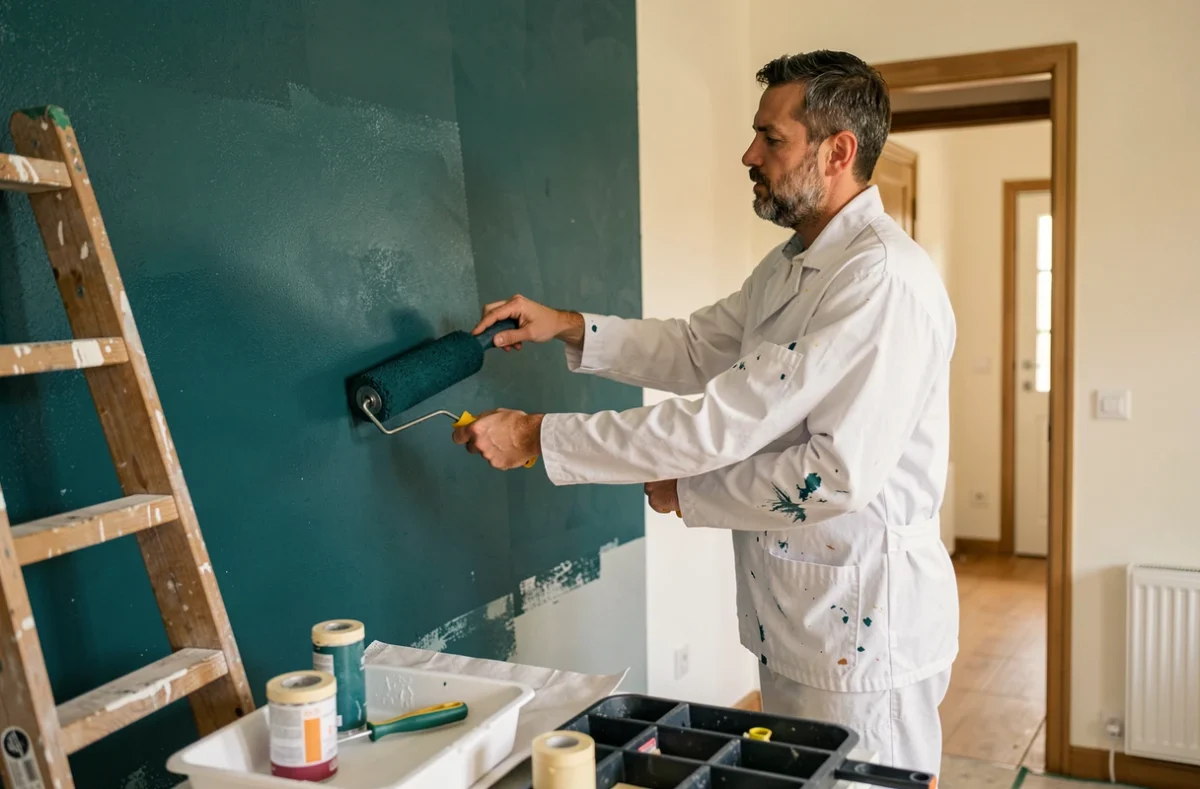 Peintre professionnel appliquant une peinture teinte bleu-vert sur un mur rénové d'une maison bretonne avec matériel de peinture au premier plan