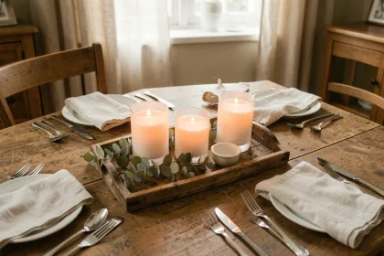 Centre de table élégant avec bougies fausse flamme en verre dépoli sur plateau rustique en bois avec eucalyptus séché