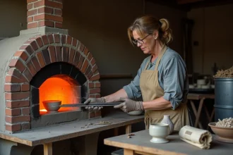 Céramiste retirant une pièce raku incandescente d'un four avec des pinces métalliques lors d'une séance d'émaillage raku en atelier extérieur
