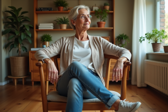 Femme assise sur une chaise en bois solide dans une salle chaleureuse