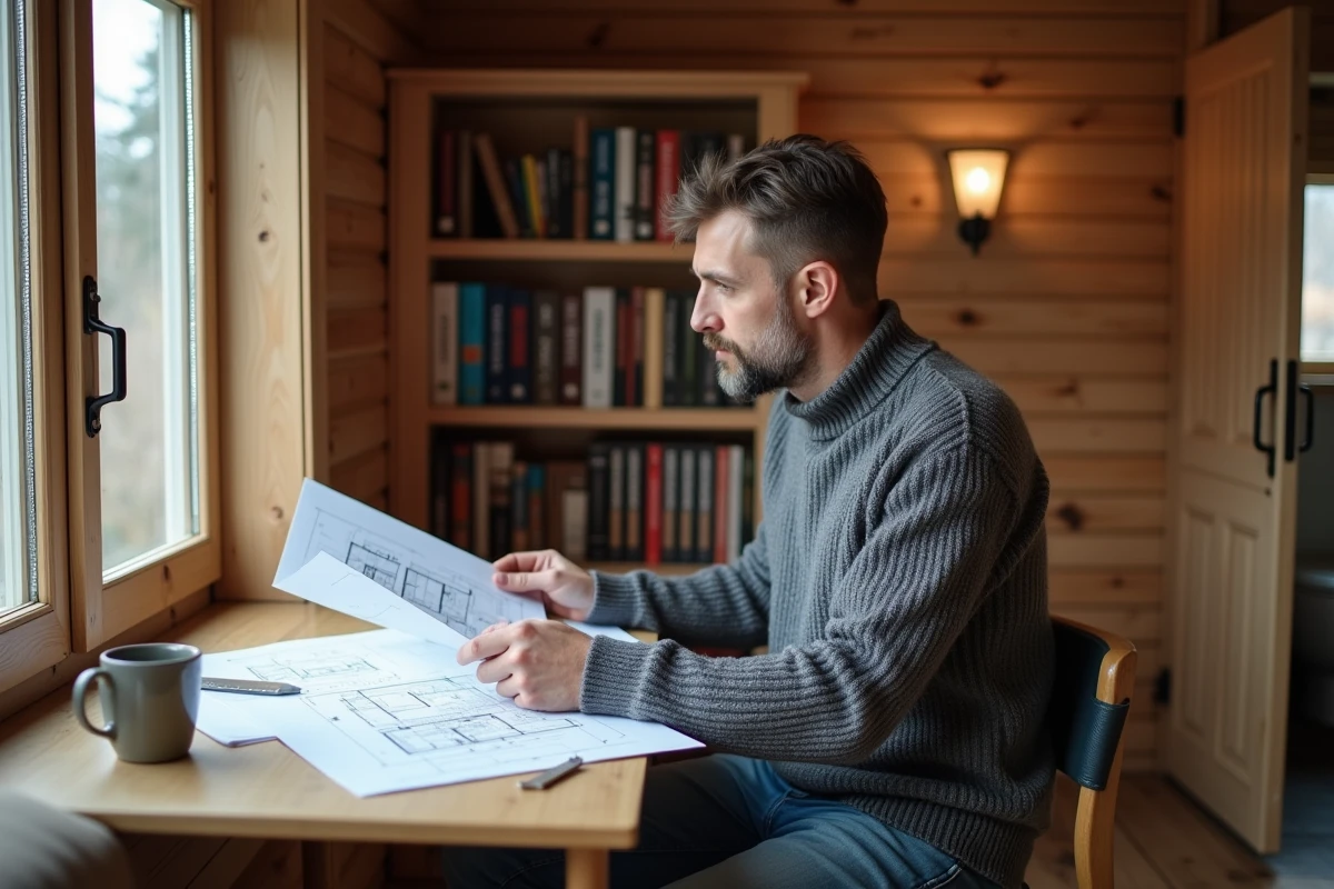 Personne étudiant les plans et documents administratifs pour rendre un chalet bois 20m2 habitable en résidence principale