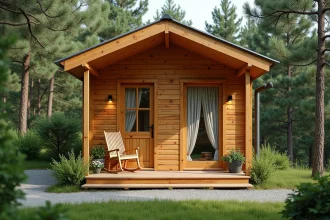 Chalet en bois de 20m2 habitable avec terrasse couverte entouré de pins dans une clairière naturelle