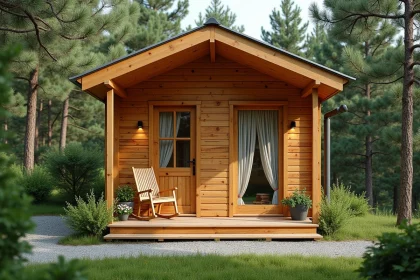 Chalet en bois de 20m2 habitable avec terrasse couverte entouré de pins dans une clairière naturelle