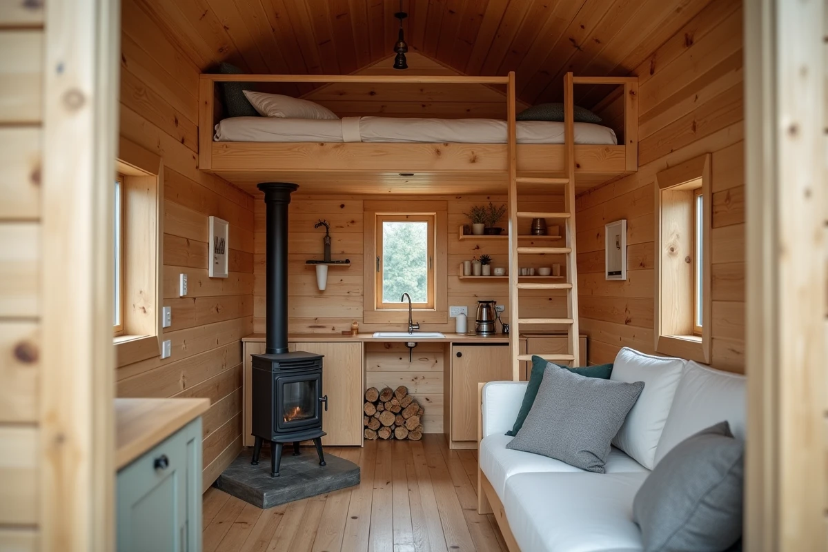 Intérieur aménagé d'un chalet bois 20m2 avec mezzanine, poêle à bois et coin cuisine fonctionnel