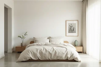 Chambre minimaliste aux murs blanc cassé avec literie en lin ivoire et vase en céramique vert sauge sur table de chevet en chêne