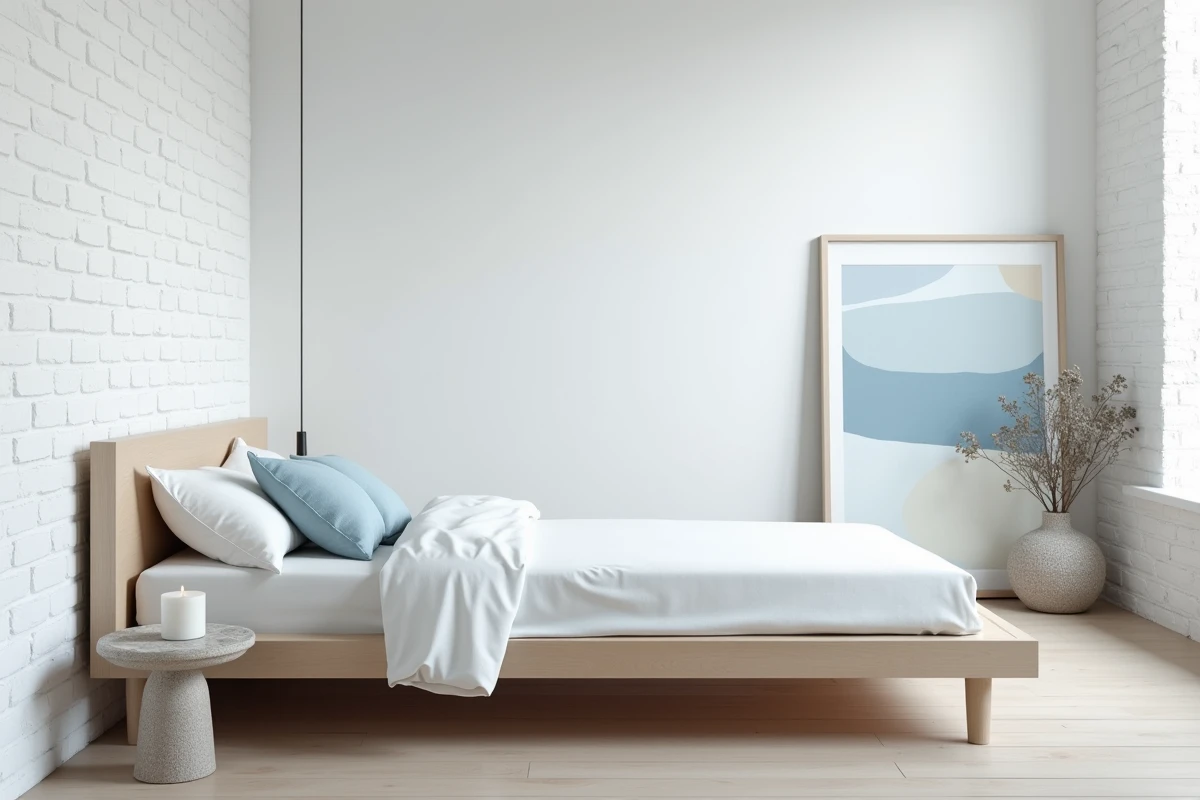 Chambre minimaliste en bleu poudré et blanc avec lit en bouleau, literie en coton percale et impression abstraite murale