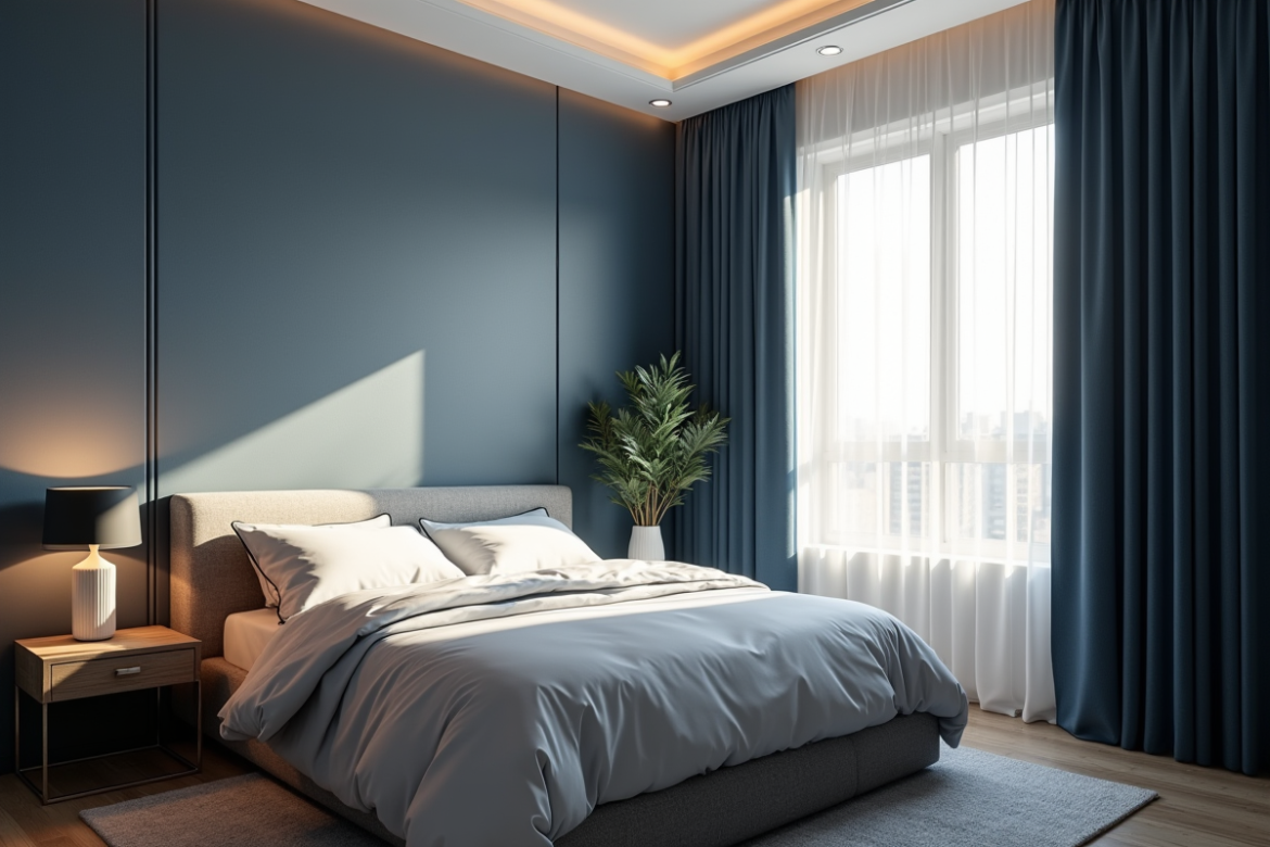 Chambre moderne avec rideaux occultants bleus fonces lumineux