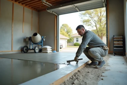 Ouvrier nivelant une chape béton de 5 cm dans un garage avec une règle aluminium