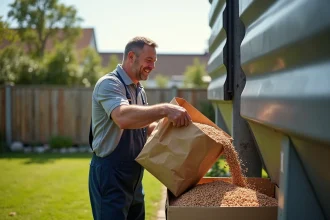 Homme en salopette décharge pellets de bois dans silo extérieur