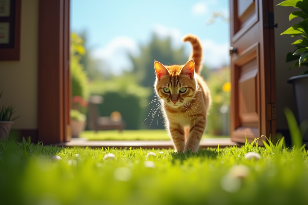 Chat roux explorant un jardin vert au matin