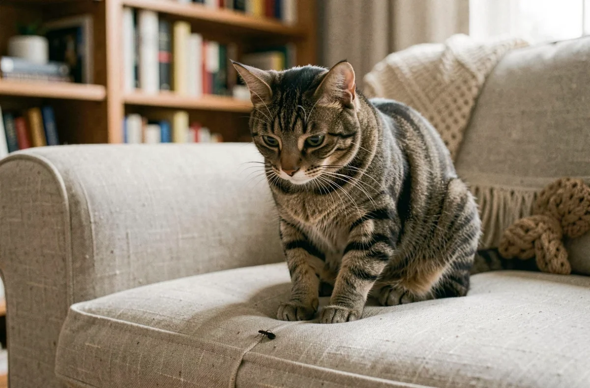 Chat domestique observant curieusement une petite bestiole noire sur un canapé en lin, interaction entre animal de compagnie et insecte dans un salon