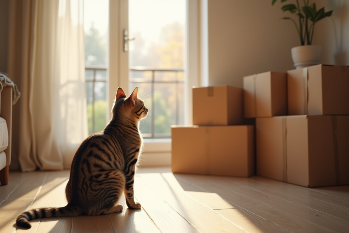 Chat tigré curieux regardant par la fenêtre lumineuse
