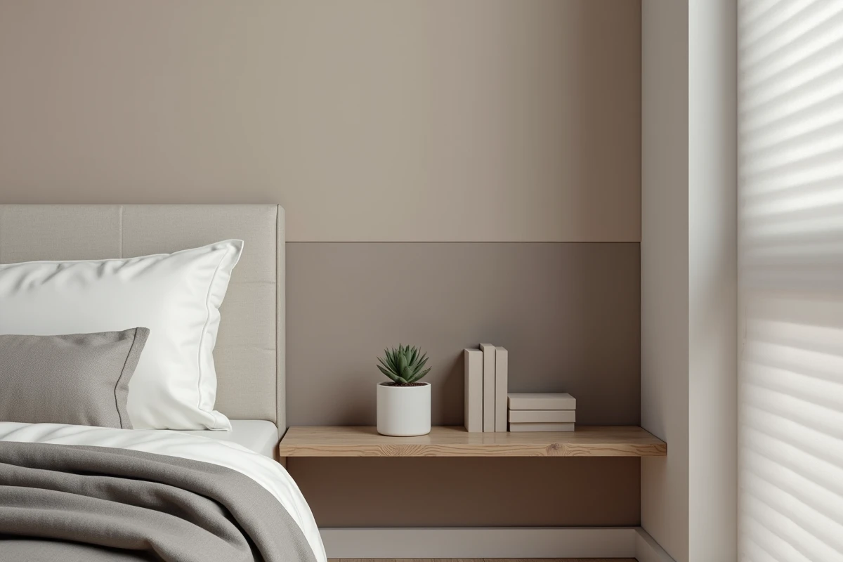 Coin chambre minimaliste avec mur taupe, jeté en laine grise et étagère fine avec plante verte et livres neutres