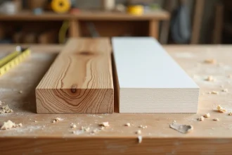 Comparaison en gros plan d'une planche en bois massif chêne et d'un panneau mélaminé blanc montrant leur coupe transversale sur un établi d'atelier