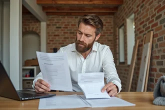 Homme comparant deux devis de rénovation sur une table en bois dans une maison belge en travaux