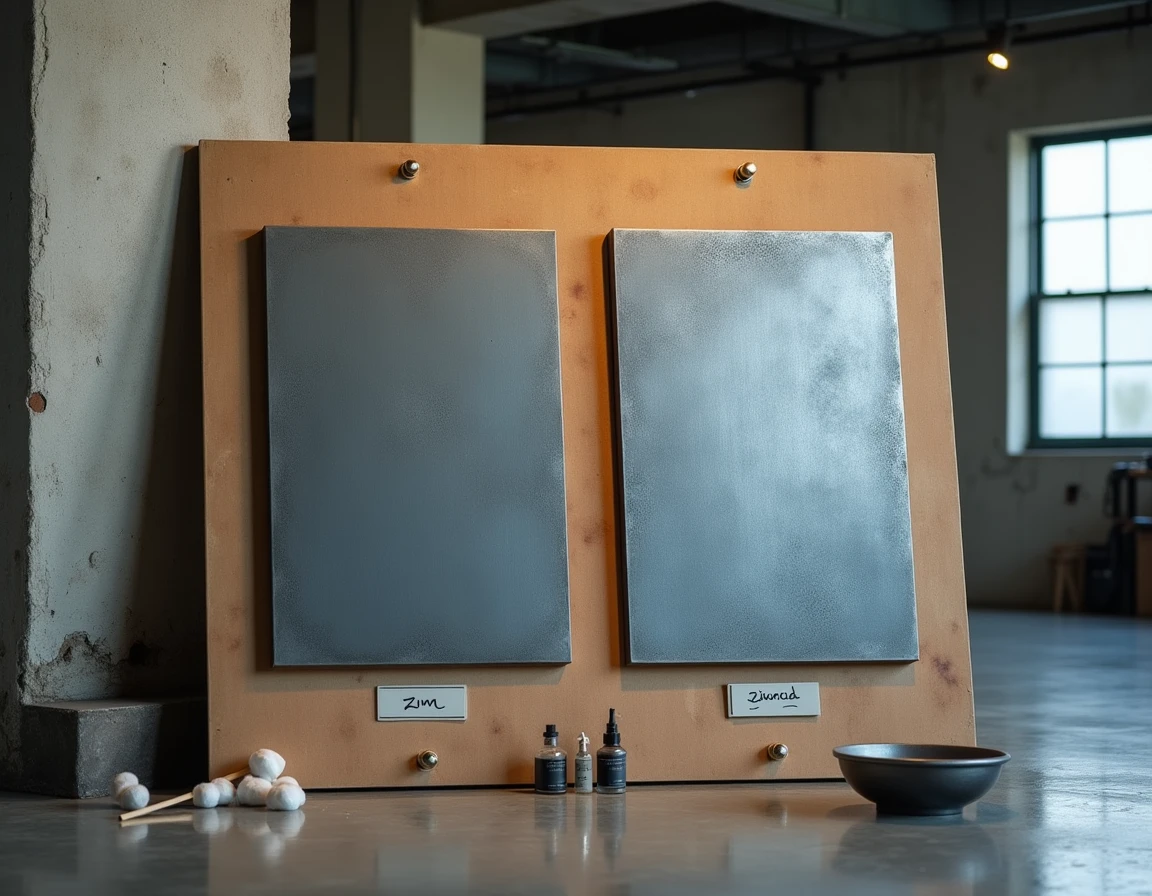 Comparaison de deux panneaux de zinc avec différentes patines à froid exposés dans un studio industriel, avec outils et recettes visibles