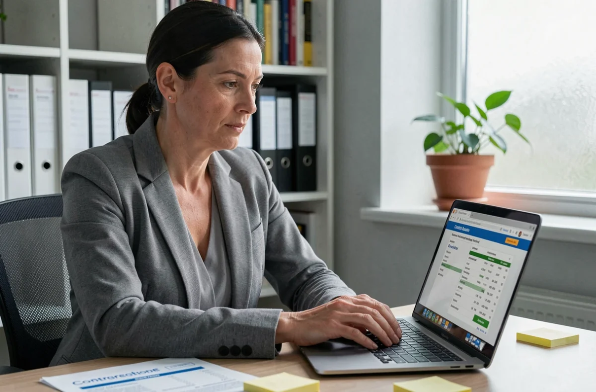 Une femme compare des prix de travaux sur un site en ligne depuis son bureau à domicile pour mieux négocier