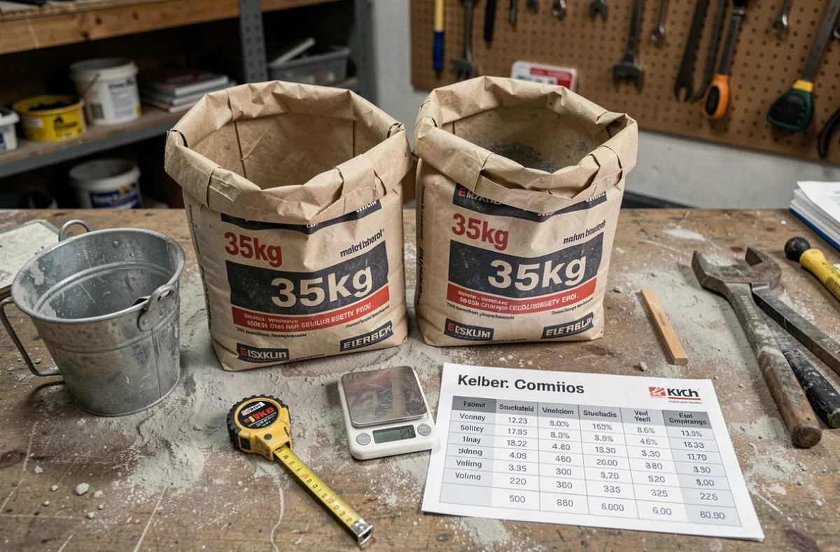 Comparaison côte à côte de deux sacs de béton 35 kg ouverts avec balance et fiche de rendement volumique dans un atelier de bricolage