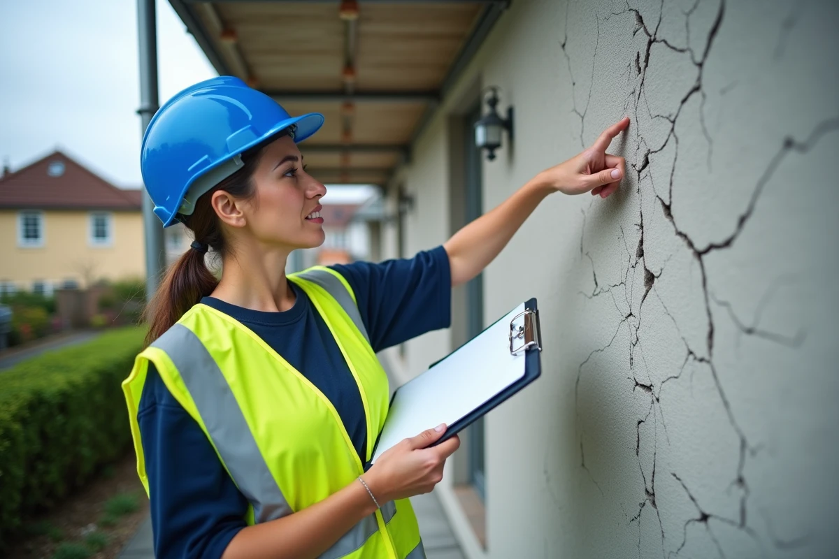 Conductrice de travaux pointant des fissures sur un enduit de façade mal posé, erreur coûteuse en rénovation extérieure
