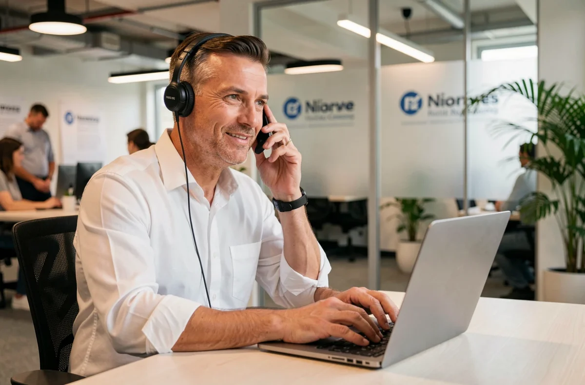 Conseiller en aménagement répondant aux demandes de clients par téléphone dans un bureau moderne de services à domicile